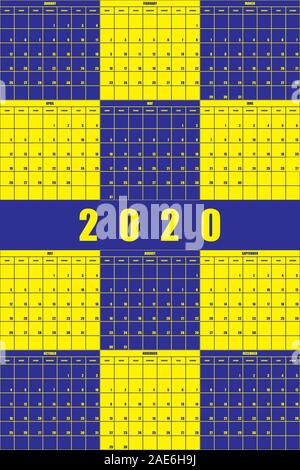 2020 Annuale Calendario Pianificatore di grande impatto spazio modificabile blu giallo sullo sfondo di gioco Illustrazione Vettoriale