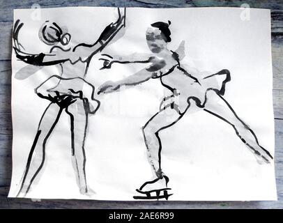 Disegno ad acquerello di due danzatori su uno sfondo bianco. Ballerina schizzi Foto Stock