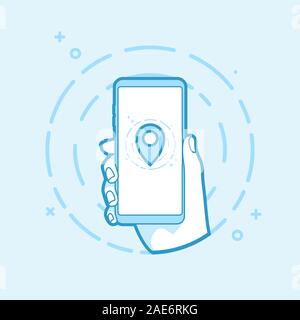 Mano azienda smartphone con mappa icona pin. Illustrazione Vettoriale oggetto profilo. Illustrazione Vettoriale