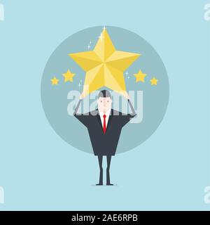 L imprenditore tenendo cinque stelle d'oro per la valutazione. Illustrazione Vettoriale