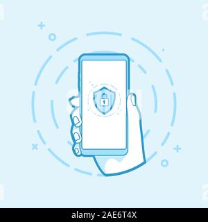 Protezione con icona a forma di lucchetto sulla schermata dello smartphone. Mano azienda smartphone. Moderno vettore oggetto profilo. Illustrazione Vettoriale
