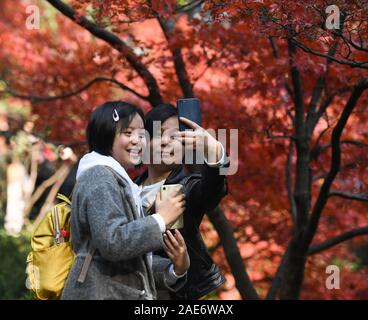 Changsha, provincia cinese di Hunan. Il 7 dicembre, 2019. I turisti prendono un selfie prima di foglie di acero su Yuelu Mountain a Changsha, centrale provincia cinese di Hunan, 7 dicembre, 2019. Credito: Xue Yuge/Xinhua/Alamy Live News Foto Stock