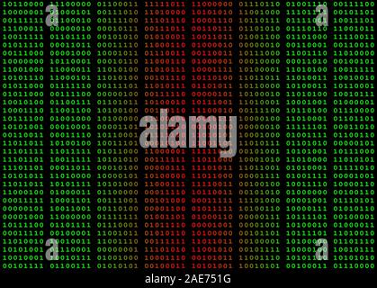 Calcolatore binario in dati di colore verde e rosso su sfondo nero con spazi tra i byte. Immagine può essere utilizzato come una mattonella senza giunture come i confini sono iniezione di capitale Foto Stock
