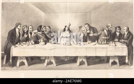 Stampa 'Scène révolutionnaire: Parody on the Last Supper' di Auguste Bouquet, 1834, che mostra figure in reinterpretazione satirica dell'ultima cena, tavolo, gesti, espressioni e stile illustrativo francese dell'inizio del XIX secolo. Foto Stock