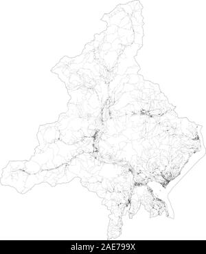 Mappa satellitare della provincia del Verbano Cusio Ossola, città e strade, edifici e strade di collegamento delle aree circostanti. Il Piemonte, Italia. Mappa strade Illustrazione Vettoriale