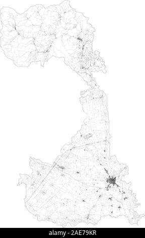 Mappa satellitare della provincia di Vercelli, città e strade, edifici e strade di collegamento delle aree circostanti. Il Piemonte, Italia. Mappa strade, strade ad anello Illustrazione Vettoriale