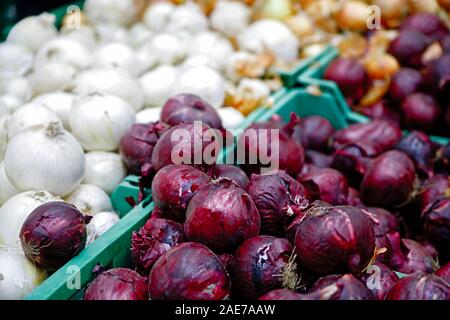 Verdure di stagione sono impilati in scatole presso il negozio di alimentari. Nelle vicinanze ci sono il giallo, bianco e le cipolle rosse. Prodotti naturali per la cottura di cibi sani. Foto Stock