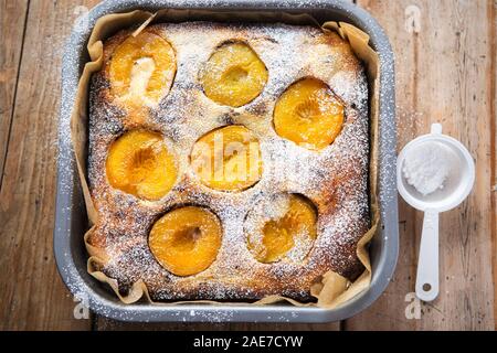 Brownie Cheesecake con albicocche e zucchero a velo Foto Stock