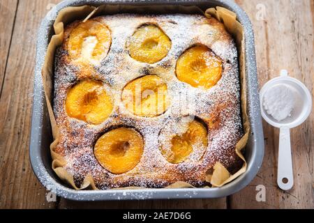 Brownie Cheesecake con albicocche e zucchero a velo Foto Stock
