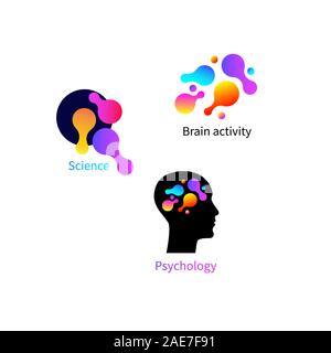 Il logo di psicologia, set di attività cerebrale icone, vettore scienza segno, salute mentale, profilo umano con le forme Illustrazione Vettoriale
