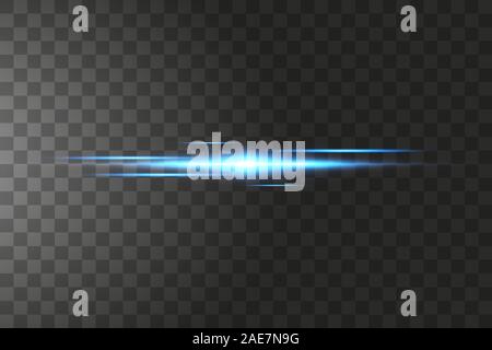 Orizzontale blu lens flares pack. Fasci laser, orizzontale i raggi di luce.bellissimi riflessi di luce. Incandescente striature su sfondo scuro. Abstract luminosa Illustrazione Vettoriale