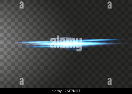 Orizzontale blu lens flares pack. Fasci laser, orizzontale i raggi di luce.bellissimi riflessi di luce. Incandescente striature su sfondo scuro. Abstract luminosa Illustrazione Vettoriale