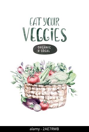 Ortaggi sani acquerello organico scatola di legno e cesto di vimini con peperone, porri, cipolle e avocado vitamina illustrazione. Isolato di lattuga Foto Stock