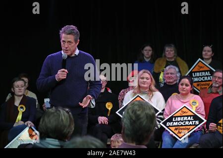 Attore Hugh Grant parlando al gruppo del Partito europeo dei liberali democratici sostenitori in Walton-on-Thames, in Esher & Walton circoscrizione. Foto Stock