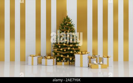 Sfondo di natale con il natale presenta, oro e bianco scatole regalo avvolto con oro bianco e nastri con albero di natale su sfondo a strisce e Foto Stock