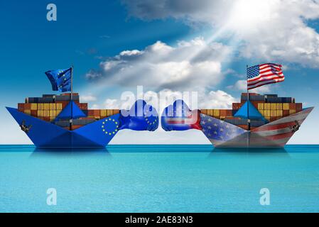 USA e UE per il commercio il concetto di guerra. Due contenitore di carico delle navi con i guantoni e l' Unione europea e gli Stati Uniti d'America bandiera. In un mare Foto Stock