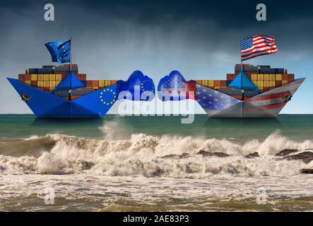 USA e UE per il commercio il concetto di guerra. Due contenitore di carico delle navi con i guantoni e l' Unione europea e gli Stati Uniti d'America bandiera. In un mare agitato Foto Stock