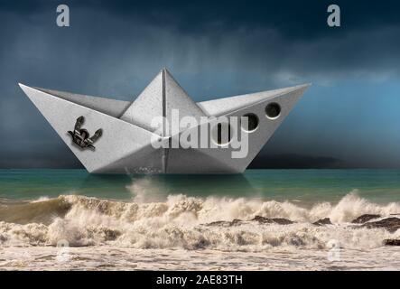 Libro bianco barca con il dispositivo di ancoraggio e oblò in un mare agitato con le onde e il cielo con la pioggia Foto Stock