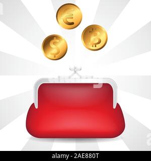 Portafoglio rosso e oro monete Euro Dollari bitcoin su sfondo isolato. Immagine vettoriale Illustrazione Vettoriale
