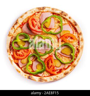 Isolare la pizza, di medie dimensioni, vista dall'alto. Foto di stock di pizza. Foto Stock