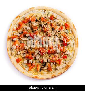 Isolare la pizza, di medie dimensioni, vista dall'alto. Foto di stock di pizza. Foto Stock