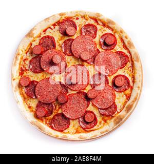 Isolare la pizza, di medie dimensioni, vista dall'alto. Foto di stock di pizza. Foto Stock