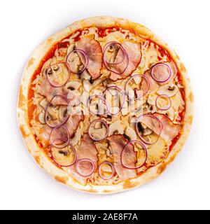 Isolare la pizza, di medie dimensioni, vista dall'alto. Foto di stock di pizza. Foto Stock