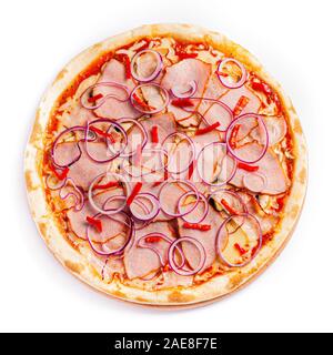 Isolare la pizza, di medie dimensioni, vista dall'alto. Foto di stock di pizza. Foto Stock