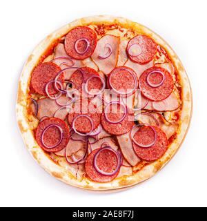 Isolare la pizza, di medie dimensioni, vista dall'alto. Foto di stock di pizza. Foto Stock