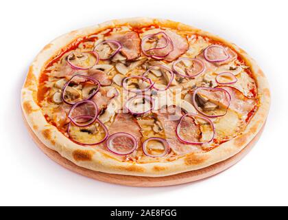 Isolare la pizza, di dimensioni medie e in vista laterale. Foto di stock di pizza. Foto Stock