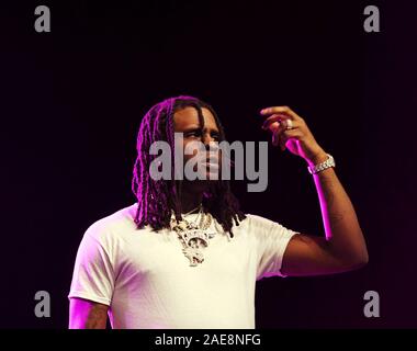 Dicembre 7, 2019, Norfolk, Virginia, Stati Uniti d'America: CHEIF KEEF giunge alla Chartway Arena presso Old Dominion University di Norfolk, Virginia il 6 dicembre 2019. (Credito Immagine: © Jeff Moore/ZUMA filo) Foto Stock