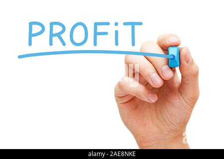 La scrittura a mano la parola profitto con marcatore blu su trasparente wipe board isolati su sfondo bianco. Foto Stock