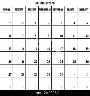 Pianificatore di Calendario mese dicembre 2020 su sfondo trasparente Illustrazione Vettoriale