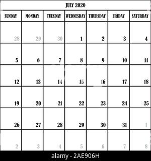 Pianificatore di Calendario mese luglio 2020 su sfondo trasparente Illustrazione Vettoriale