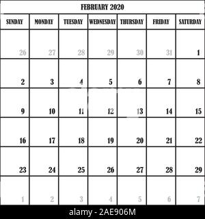 Pianificatore di calendario MESE FEBBRAIO 2020 su sfondo trasparente Illustrazione Vettoriale