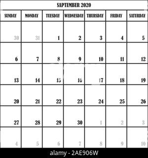 Pianificatore di Calendario mese settembre 2020 su sfondo trasparente Illustrazione Vettoriale