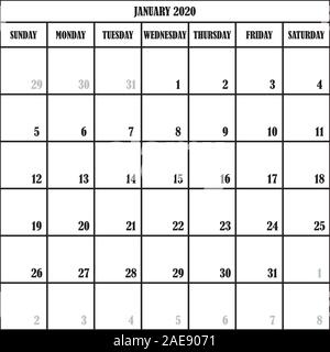 Pianificatore di Calendario mese gennaio 2020 su sfondo trasparente Illustrazione Vettoriale