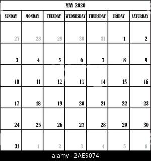 Pianificatore di Calendario mese maggio 2020 su sfondo trasparente Illustrazione Vettoriale