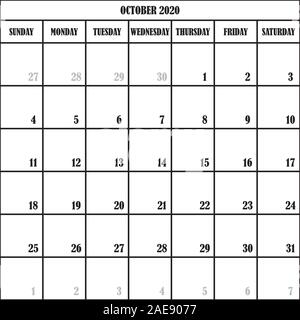 Pianificatore di Calendario mese Ottobre 2020 su sfondo trasparente Illustrazione Vettoriale