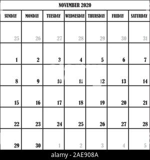Pianificatore di Calendario mese novembre 2020 su sfondo trasparente Illustrazione Vettoriale