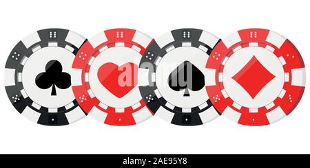 Poker chips con la carta adatta a cuori, picche, diamanti, club in fila orizzontale. Illustrazione Vettoriale