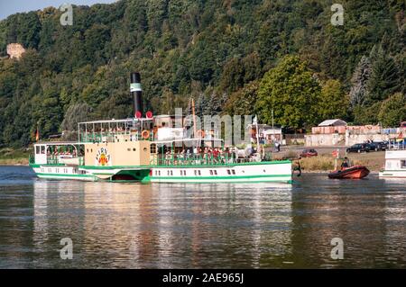 Paddlesteamer storico 'Pirna', nella valle dell'Elba, Elba Colline di pietra arenaria, Fiume Elba, Stadt Wehlen, Sassonia Foto Stock