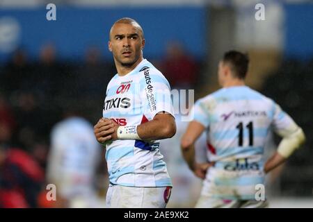 Swansea, Regno Unito. 07Th Dec, 2019. Simon Zebo di Racing 92 guarda a. La Heineken Champions Cup match, piscina 4, Falchi Pescatori v Racing 92 rugby presso il Liberty Stadium di Swansea, Galles del Sud sabato 7 dicembre 2019. pic da Andrew Orchard, Credito: Andrew Orchard fotografia sportiva/Alamy Live News Foto Stock