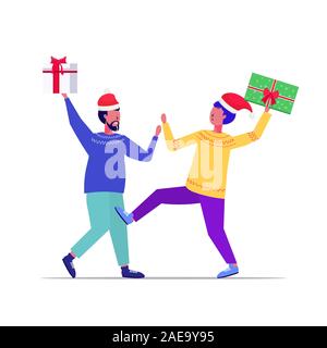 Due uomini shopper in cappelli di Babbo Natale in lotta per ultimo confezioni regalo clienti stagionale sul carrello vendita lotta nozione di lunghezza completa illustrazione vettoriale Illustrazione Vettoriale