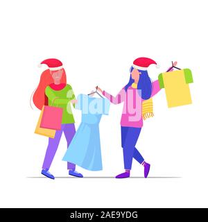 Le donne amanti dello shopping in cappelli di Babbo Natale in lotta per ultimo vestire i clienti giovane stagionale sul carrello vendita lotta nozione di lunghezza completa illustrazione vettoriale Illustrazione Vettoriale