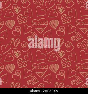 Modello senza cuciture con disegnato a mano le forme di cuore. Beige elementi di contorno su sfondo rosso. Vector illustartion. Illustrazione Vettoriale
