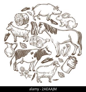 Animali da allevamento con la fattoria la carne e i prodotti lattiero-caseari in cerchio Illustrazione Vettoriale