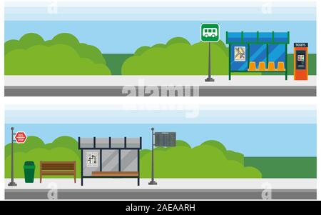 Svuotare fermata bus con vetro riparo e indicazioni stradali Illustrazione Vettoriale