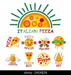 Pizza house logo collection con diversi condimenti e testo Illustrazione Vettoriale