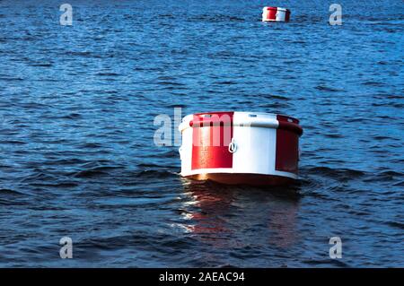 Grande rosso rotondo e boa bianca sulla superficie di acqua blu Foto Stock